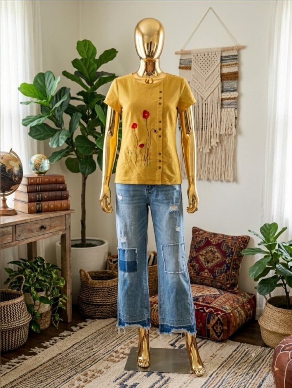 Boho Mustard Yellow Floral Button-Accent Tee